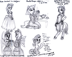 Size: 1200x949 | Tagged: safe, artist:sepiakeys, nurse coldheart, nurse snowheart, powder rouge, queen chrysalis, spoiled rich, starlight glimmer, twilight sparkle, alicorn, earth pony, pony, unicorn, anthro, unguligrade anthro, g4, clothes, costume, dress, monochrome, nightmare night costume, puffy sleeves, traditional art, twilight sparkle (alicorn)