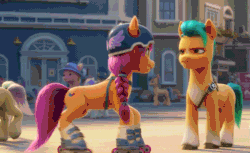 Size: 800x488 | Tagged: safe, screencap, hitch trailblazer, sunny starscout, earth pony, pony, g5, my little pony: a new generation, spoiler:my little pony: a new generation, 3d, absurd file size, absurd gif size, animated, cropped, cute, dancing, female, gif, hasbro is trying to murder us, helmet, hitch trailblazer is not amused, male, mare, roller skates, rollerblades, shipping fuel, stallion, sunnybetes, weapons-grade cute