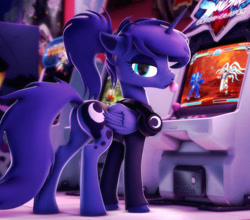 Size: 2456x2160 | Tagged: safe, artist:psfmer, princess luna, alicorn, pony, gamer luna, g4, 3d, alternate hairstyle, arcade, bubblegum, butt, chewing gum, dock, female, food, gum, headset, high res, looking at you, plot, ponytail, solo, tail