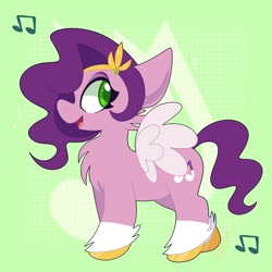Size: 2000x2000 | Tagged: safe, artist:saveraedae, part of a set, pipp petals, pegasus, pony, g5, my little pony: a new generation, spoiler:my little pony: a new generation, cheek fluff, chest fluff, colored eyebrows, colored pupils, cute, ear fluff, feathered wings, female, high res, hoof fluff, mare, music notes, open mouth, profile, smiling, solo, unshorn fetlocks, wings