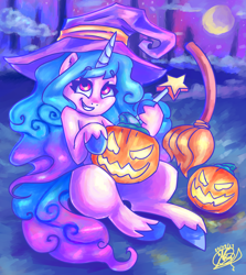 Size: 2680x3000 | Tagged: safe, artist:mannybcadavera, izzy moonbow, pony, unicorn, g5, my little pony: a new generation, spoiler:g5, spoiler:my little pony: a new generation, crescent moon, halloween, hat, high res, holiday, moon, pumpkin, wand, witch hat