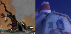 Size: 1224x581 | Tagged: safe, screencap, g5, my little pony: a new generation, 3d, comparison, destroyed building, destruction, golden oaks library, house, lighthouse, no pony, sunny starscout's lighthouse, tree