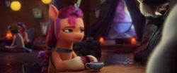 Size: 1663x693 | Tagged: safe, screencap, alphabittle blossomforth, sunny starscout, earth pony, pony, g5, my little pony: a new generation, 3d, cup, fake horn, fake unicorn, female, male, mare, stallion, sunny starscout is not amused, teacup