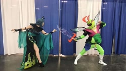 Size: 1071x602 | Tagged: safe, artist:justincrediblecosplay, artist:sarahndipity cosplay, queen chrysalis, thorax, changedling, changeling, human, g4, 2017, clothes, cosplay, costume, irl, irl human, king thorax, photo