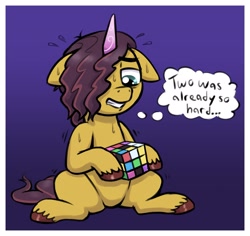 Size: 2259x2130 | Tagged: safe, artist:heretichesh, jasper, pony, unicorn, g5, dexterous hooves, floppy ears, gradient background, hair over one eye, high res, male, rubik's cube, sitting, solo, stallion, sweat, thought bubble, unshorn fetlocks