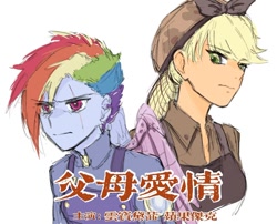 Size: 1000x809 | Tagged: safe, artist:叉死一只鸽子, applejack, rainbow dash, equestria girls, g4, chinese, female, lesbian, ship:appledash, shipping