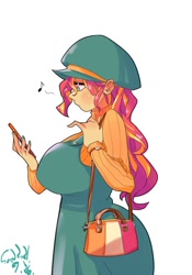 Size: 1400x2000 | Tagged: safe, artist:sozglitch, part of a set, sunset shimmer, equestria girls, g4, big breasts, breasts, busty sunset shimmer, cellphone, clothes, dress, hat, huge breasts, music notes, nail polish, part of a series, phone, purse, simple background, smartphone, solo, sweater, white background