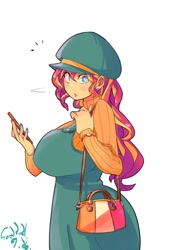 Size: 1400x2000 | Tagged: safe, artist:sozglitch, part of a set, sunset shimmer, equestria girls, g4, big breasts, breasts, busty sunset shimmer, cellphone, clothes, dress, emanata, hat, huge breasts, looking at you, nail polish, part of a series, phone, purse, simple background, smartphone, solo, sweater, turned head, white background