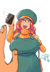 Size: 1400x2000 | Tagged: safe, artist:sozglitch, part of a set, sunset shimmer, equestria girls, g4, big breasts, breasts, busty sunset shimmer, cellphone, clothes, dress, floating heart, hand, hat, heart, huge breasts, looking at you, nail polish, offscreen character, open mouth, open smile, part of a series, phone, purse, simple background, smartphone, smiling, smiling at you, solo focus, sweater, waving, white background