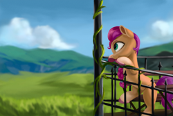 Size: 3375x2250 | Tagged: safe, artist:flusanix, sunny starscout, earth pony, pony, g5, my little pony: a new generation, spoiler:my little pony: a new generation, bench, bipedal, bipedal leaning, coat markings, female, fence, high res, ivy (plant), leaning, looking away, mare, scenery, socks (coat markings), solo, unshorn fetlocks