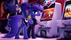Size: 3840x2160 | Tagged: safe, alternate version, artist:psfmer, princess luna, alicorn, pony, gamer luna, g4, 3d, alternate hairstyle, arcade, bubblegum, butt, chewing gum, dock, female, food, gum, headset, high res, looking at you, moonbutt, plot, ponytail, solo, tail, wallpaper