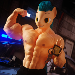 Size: 2048x2048 | Tagged: safe, artist:dashie116, hitch trailblazer, earth pony, anthro, g4, g5, my little pony: a new generation, 3d, abs, armpits, badge, biceps, car, clothes, cuffs, daz studio, deltoids, flexing, g5 to g4, generation leap, grin, high res, looking at you, male, muscles, muscular male, nipples, nudity, partial nudity, pecs, police car, shredded hitch, smiling, solo, stallion, topless