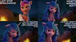 Size: 1280x720 | Tagged: safe, edit, edited screencap, editor:quoterific, screencap, izzy moonbow, sunny starscout, earth pony, pony, unicorn, g5, my little pony: a new generation, spoiler:g5, spoiler:my little pony: a new generation, 3d, female, floppy ears, mare, night, open mouth