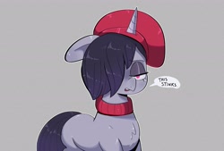 Size: 2487x1684 | Tagged: safe, artist:another_pony, onyx, pony, unicorn, g5, my little pony: a new generation, spoiler:my little pony: a new generation, beatnik pony, beret, clothes, dialogue, eyeshadow, female, hat, makeup, mare, scarf, solo, speech bubble