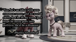 Size: 1920x1080 | Tagged: safe, edit, edited screencap, screencap, phyllis cloverleaf, sprout cloverleaf, earth pony, pony, g5, my little pony: a new generation, spoiler:my little pony: a new generation, 3d, bedroom eyes, donald trump, duo, emperor sprout, female, grin, male, mare, mother and child, mother and son, quote, smiling, sprout the trump, stallion, younger
