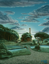 Size: 1280x1657 | Tagged: safe, artist:amalgamzaku, g4, background, cloud, fluttershy's cottage, forest, no pony, scenery, sky, tree
