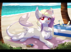 Size: 2700x1972 | Tagged: safe, artist:_ladybanshee_, oc, oc only, oc:rainy skies, original species, pony, shark, shark pony, beach, chest fluff, commission, ear fluff, ocean, outdoors, relaxing, solo, sunbathing, water