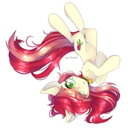 Size: 2000x2000 | Tagged: safe, artist:shelti, roseluck, earth pony, pony, g4, behaving like a cat, belly, collar, colored pupils, commission, commissioner:doom9454, cute, eye clipping through hair, high res, looking at you, lying down, on back, pet tag, pony pet, rosepet, solo, tongue out