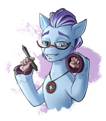 Size: 1048x1200 | Tagged: safe, artist:vyazinrei, argyle starshine, earth pony, pony, anthro, g5, my little pony: a new generation, spoiler:g5, spoiler:my little pony: a new generation, amulet, cursed image, fingers, glasses, hand, hooves, jewelry, nightmare fuel, smiling, solo, stylus, suddenly hands, this explains everything, wat, why
