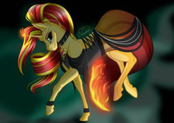 Size: 1024x725 | Tagged: safe, artist:nuumia, sunset shimmer, pony, unicorn, g4, clothes, collar, dress, ear fluff, female, fiery shimmer, fire, grin, mare, smiling, solo