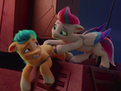 Size: 1072x804 | Tagged: safe, screencap, hitch trailblazer, zipp storm, earth pony, pegasus, pony, g5, my little pony: a new generation, spoiler:my little pony: a new generation, 3d, cropped, duo, female, looking at each other, male, mare, stallion