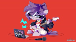 Size: 4096x2301 | Tagged: safe, artist:nekosnicker, oc, oc only, oc:vylet, pegasus, pony, cutiemarks (and the things that bind us), computer, glasses, guitar, laptop computer, microphone, musical instrument, musician, red background, simple background, solo, vylet pony