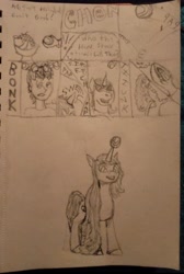 Size: 2140x3176 | Tagged: safe, artist:brilliantverve, izzy moonbow, human, pony, unicorn, g5, ball, comic, high res, horn, horn impalement, hornball, human to pony, izzy's tennis ball, tennis ball, traditional art, transformation, transformation sequence