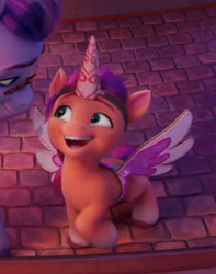 Size: 436x554 | Tagged: safe, screencap, sunny starscout, earth pony, pony, g5, my little pony: a new generation, spoiler:my little pony: a new generation, 3d, cardboard wings, cropped, cute, eyebrows, fake horn, fake wings, female, filly, filly sunny starscout, foal, foreshadowing, open mouth, raised leg, solo, sunnybetes