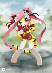 Size: 1000x1407 | Tagged: safe, artist:howxu, fluttershy, big cat, tiger, anthro, g4, :o, alternate hairstyle, breasts, cheongsam, clothes, eyebrows, eyebrows visible through hair, fangs, female, open mouth, socks, solo, species swap, stockings, tail, thigh highs, tigershy