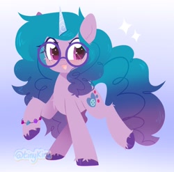 Size: 2048x2023 | Tagged: safe, artist:tinykiru, izzy moonbow, pony, unicorn, g5, my little pony: a new generation, spoiler:my little pony: a new generation, bracelet, female, glasses, happy, high res, jewelry, mare, open mouth, raised hoof, solo, unshorn fetlocks