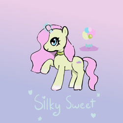 Size: 1280x1280 | Tagged: safe, artist:duckchip, oc, oc only, oc:silky sweet, pony, unicorn, g5, candy, collar, female, food, gold, horn, magic suppression, marshmallow, reference, silk, simple background, solo