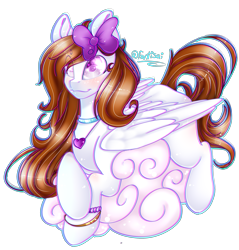 Size: 2971x3103 | Tagged: safe, artist:fantisai, oc, oc only, pegasus, pony, bow, bracelet, choker, cloud, eye clipping through hair, female, hair bow, high res, jewelry, mare, necklace, on a cloud, pegasus oc, signature, simple background, smiling, solo, transparent background, wings