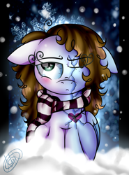 Size: 931x1257 | Tagged: safe, artist:milledpurple, oc, oc only, pegasus, pony, blushing, clothes, eyelashes, female, frown, frozen, mare, pegasus oc, scarf, signature, snow, solo, wings
