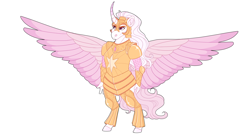 Size: 2800x1500 | Tagged: safe, artist:uunicornicc, oc, oc only, alicorn, anthro, armor, curved horn, female, helmet, horn, simple background, solo, spread wings, white background, wings