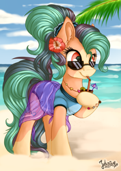 Size: 2894x4093 | Tagged: safe, artist:julunis14, oc, oc only, earth pony, pony, alcohol, beach, bracelet, clothes, cloud, coat markings, cocktail, cocktail umbrella, commission, day, drink, ear fluff, female, flower, flower in hair, high ponytail, hoof hold, jewelry, mare, ocean, one-piece swimsuit, outdoors, palm tree, pareo, ponytail, sand, sarong, scrunchie, sky, smiling, solo, straw in mouth, sunglasses, swimsuit, tree, water
