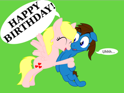Size: 2088x1565 | Tagged: safe, artist:zombietator, oc, oc only, oc:claire, earth pony, pegasus, pony, bipedal, confused, duo, earth pony oc, eyelashes, female, green background, happy birthday, hug, male, mare, pegasus oc, simple background, smiling, stallion, wings