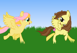 Size: 990x673 | Tagged: safe, alternate version, artist:zombietator, oc, oc only, pegasus, pony, colored, duo, female, grass, looking back, mare, pegasus oc, raised hoof, wings