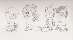 Size: 2106x1162 | Tagged: safe, artist:zombietator, oc, oc only, oc:claire, pegasus, pony, unicorn, :p, clothes, eyepatch, female, frown, glasses, horn, male, mare, pegasus oc, puffy cheeks, smiling, socks, stallion, tongue out, traditional art, unicorn oc, wings