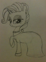 Size: 1536x2048 | Tagged: safe, artist:zombietator, rarity, pony, unicorn, g4, bedroom eyes, clothes, dress, eyelashes, female, horn, jewelry, lineart, mare, necklace, pearl necklace, raised hoof, solo, traditional art
