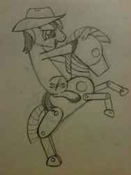 Size: 1536x2048 | Tagged: safe, artist:zombietator, oc, oc only, earth pony, pony, robot, robot pony, duo, earth pony oc, hat, lineart, male, ponies riding ponies, rearing, riding, stallion, traditional art, unshorn fetlocks