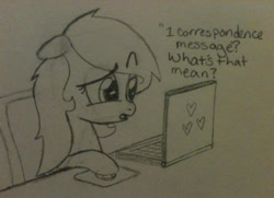 Size: 1001x723 | Tagged: safe, artist:zombietator, oc, oc only, oc:claire, pegasus, pony, bust, computer, confused, eyelashes, female, hoof hold, laptop computer, mare, talking, traditional art