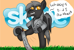 Size: 1100x758 | Tagged: safe, artist:tranzmuteproductions, oc, oc only, oc:tranzmute, bat pony, pony, bat pony oc, bat wings, bipedal, clothes, kicking, male, necktie, orange background, simple background, skype, slit pupils, solo, sorry not sorry, stallion, suit, talking, wings