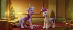 Size: 1920x800 | Tagged: safe, screencap, queen haven, zipp storm, pegasus, pony, g5, my little pony: a new generation, 3d, crown, duo, female, jewelry, mare, mother and child, mother and daughter, regalia, subtitles, wires