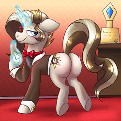 Size: 2500x2500 | Tagged: safe, artist:northernlightsone, oc, oc only, oc:royal minutes, earth pony, pony, unicorn, bowtie, butt, clothes, commissioner:bigonionbean, cutie mark, extra thicc, flank, fusion, fusion:prince blueblood, fusion:time turner, high res, large butt, looking at you, looking back, magic, male, plot, solo, stallion, stopwatch, suit, writer:bigonionbean