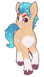 Size: 658x1149 | Tagged: safe, artist:fizzy-dog, hitch trailblazer, earth pony, pony, g5, my little pony: a new generation, blaze (coat marking), chest fluff, coat markings, facial markings, looking at you, male, pale belly, simple background, smiling, solo, stallion, white background