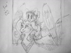 Size: 1280x960 | Tagged: safe, artist:skior, fluttershy, princess celestia, pony, g4, monochrome, traditional art