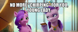 Size: 800x333 | Tagged: safe, edit, edited screencap, screencap, pipp petals, queen haven, pony, g5, my little pony: a new generation, spoiler:my little pony: a new generation, 3d, caption, female, image macro, mare, phone, text