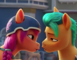 Size: 1440x1130 | Tagged: safe, screencap, hitch trailblazer, sunny starscout, earth pony, pony, g5, my little pony: a new generation, spoiler:my little pony: a new generation, 3d, cropped, duo, female, male, mare, now kiss, out of context, shipping fuel, stallion