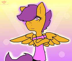 Size: 710x604 | Tagged: safe, artist:bunfoxx20studios, scootaloo, pegasus, semi-anthro, g4, arm hooves, clothes, crossed arms, dress, female, filly, solo