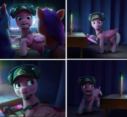 Size: 1638x1506 | Tagged: safe, screencap, izzy moonbow, ruddy sparks, sunny starscout, earth pony, pegasus, pony, unicorn, g5, my little pony: a new generation, spoiler:my little pony: a new generation, 3d, badge, baseball cap, cap, control panel, facial hair, female, goatee, hat, headphones, male, mare, scared, solo focus, stallion, yelling